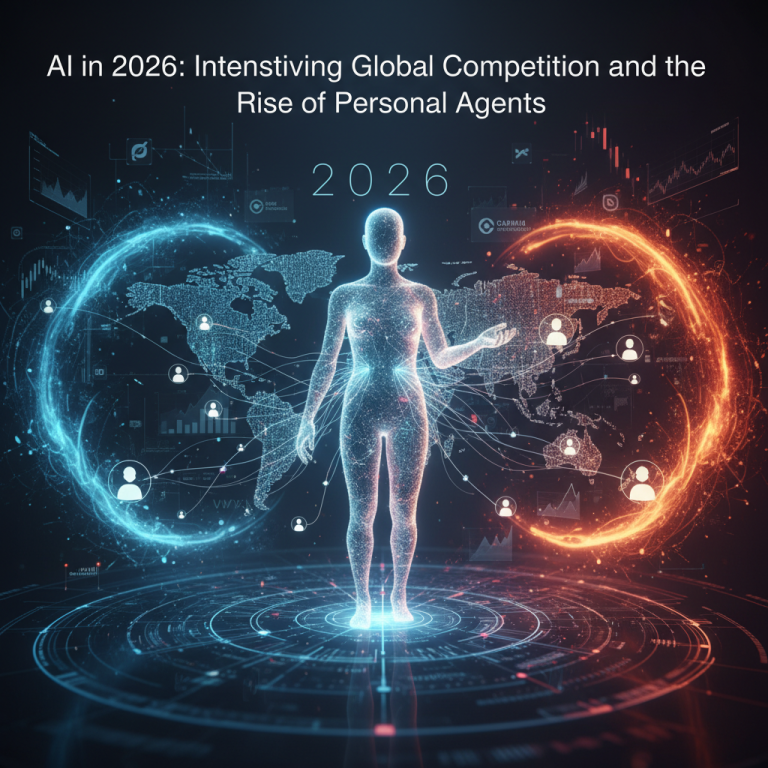 Digital human figure over a world map with glowing rings representing global AI competition and data.