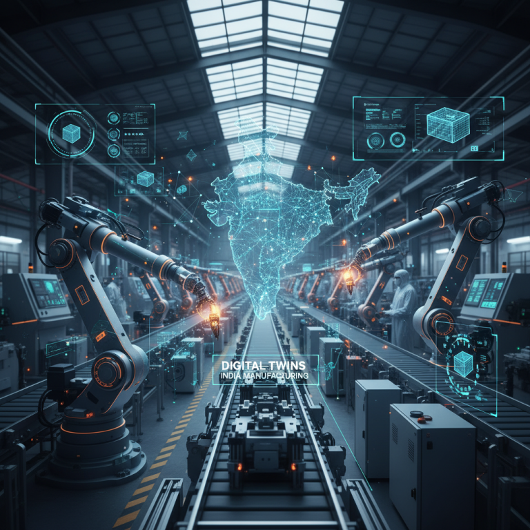 Robotic arms, India map, and data overlays in a futuristic factory, symbolizing digital twin technology's impact on Indian manufacturing.