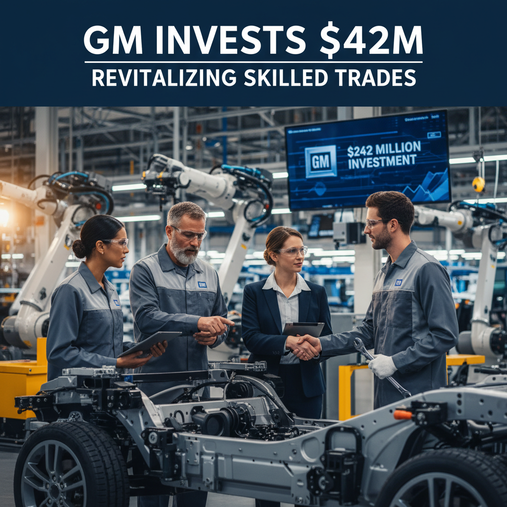 Professionals shaking hands in a modern GM factory, with a screen displaying "$242 Million Investment."