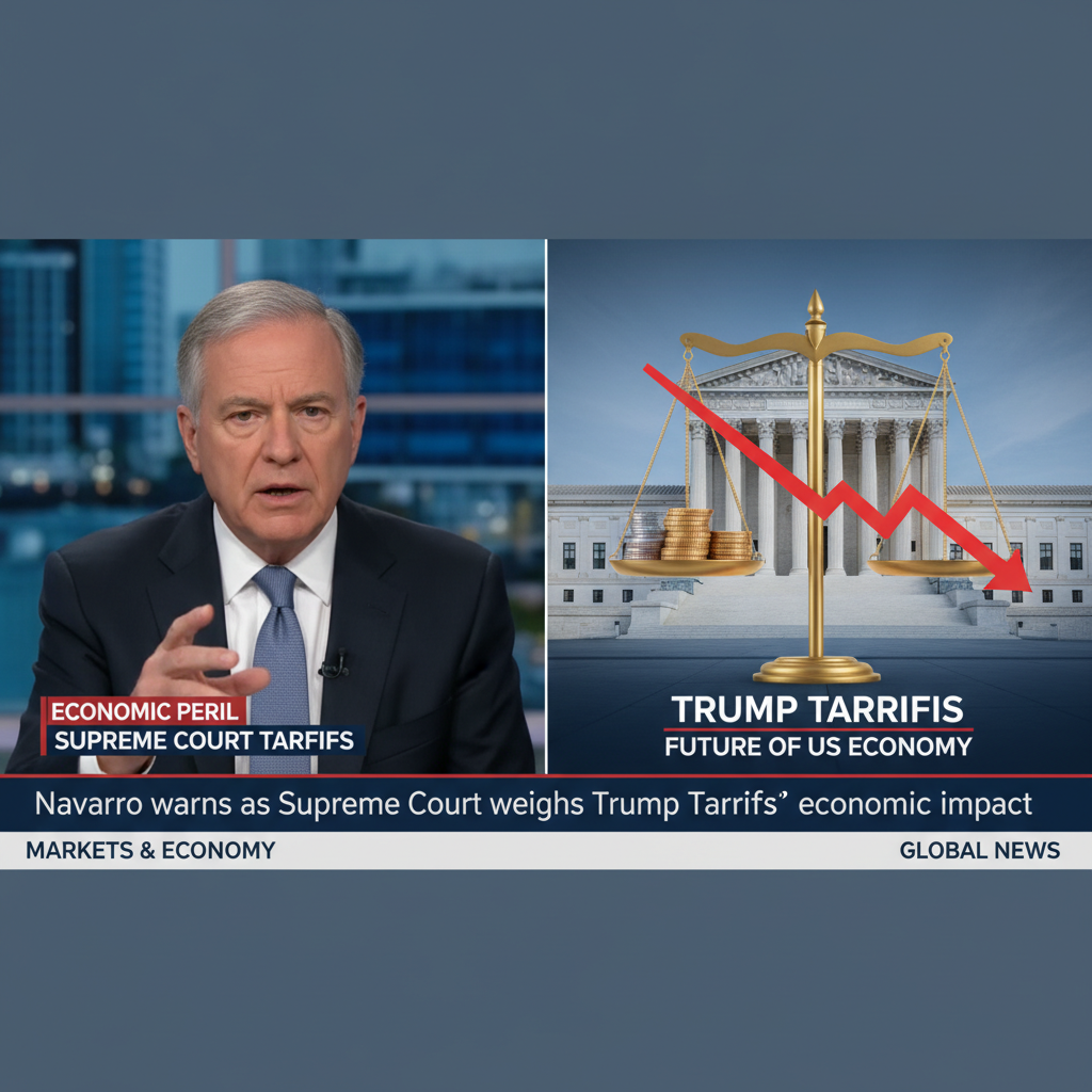 Peter Navarro on screen with graphic showing scales of justice, coins, a downward arrow, and the Supreme Court.
