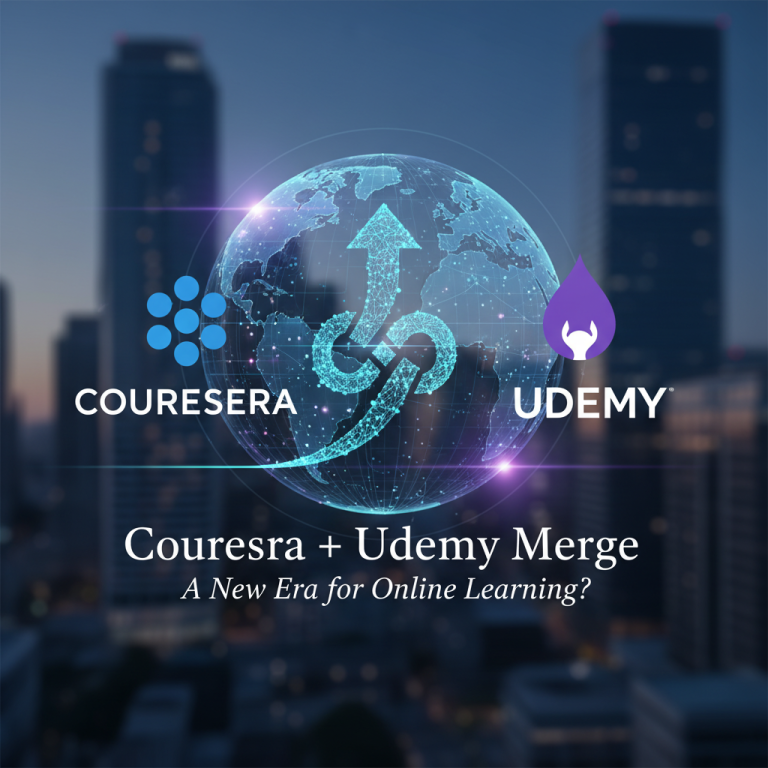 A digital illustration showing the logos of Coursera and Udemy connected by arrows circling a globe, against a blurred city background.