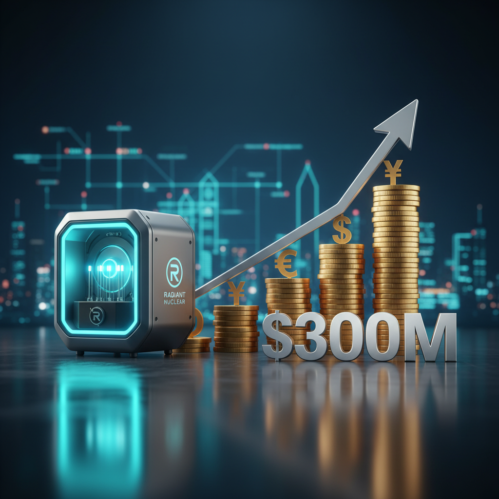 A high-tech compact nuclear reactor unit next to stacks of coins, an upward-trending arrow, and "$300M" text.