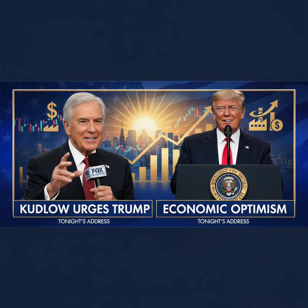 Larry Kudlow and Donald Trump side-by-side, with economic graphics and headlines.