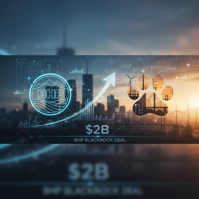 Digital visualization showing BHP and BlackRock logos, financial charts, infrastructure, and an upward arrow.