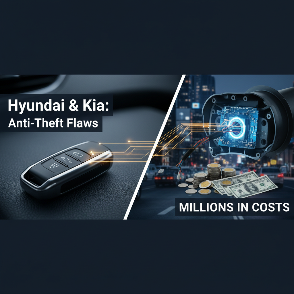 A car key, circuit board, and money representing the financial impact of Hyundai and Kia's anti-theft flaws.