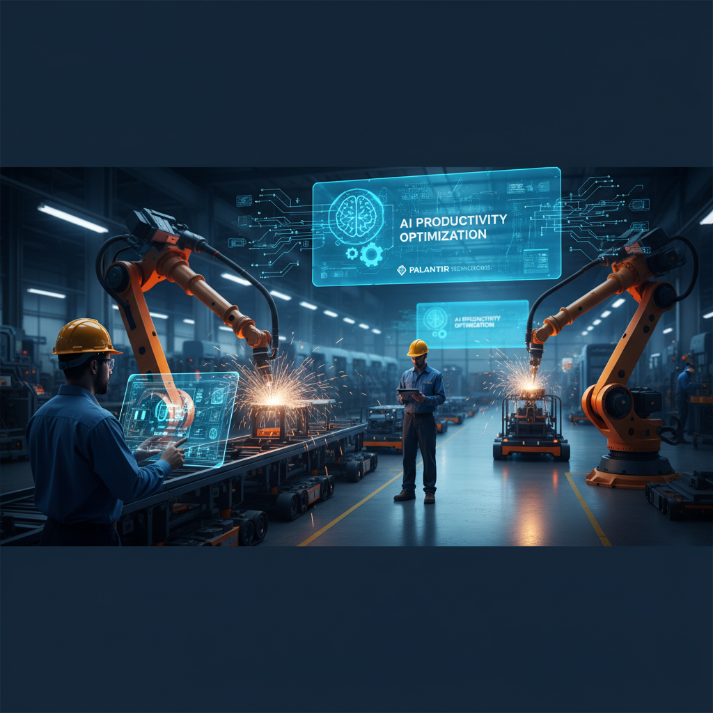 Two workers interacting with AI interfaces and robotic arms in a modern factory setting, symbolizing AI-driven productivity.