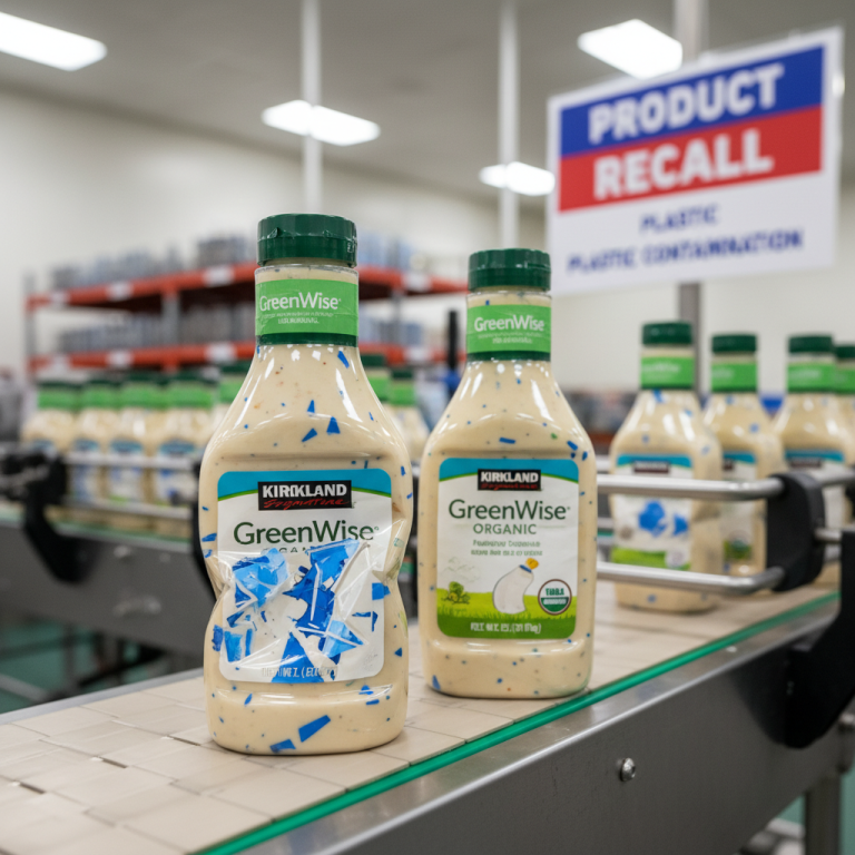 Two bottles of GreenWise organic dressing on a conveyor belt in a warehouse setting, with one bottle showing plastic contamination.