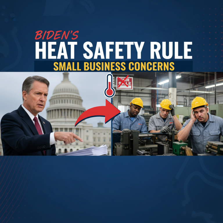 A professional image illustrating the debate over Biden's heat safety rule and its impact on small businesses.