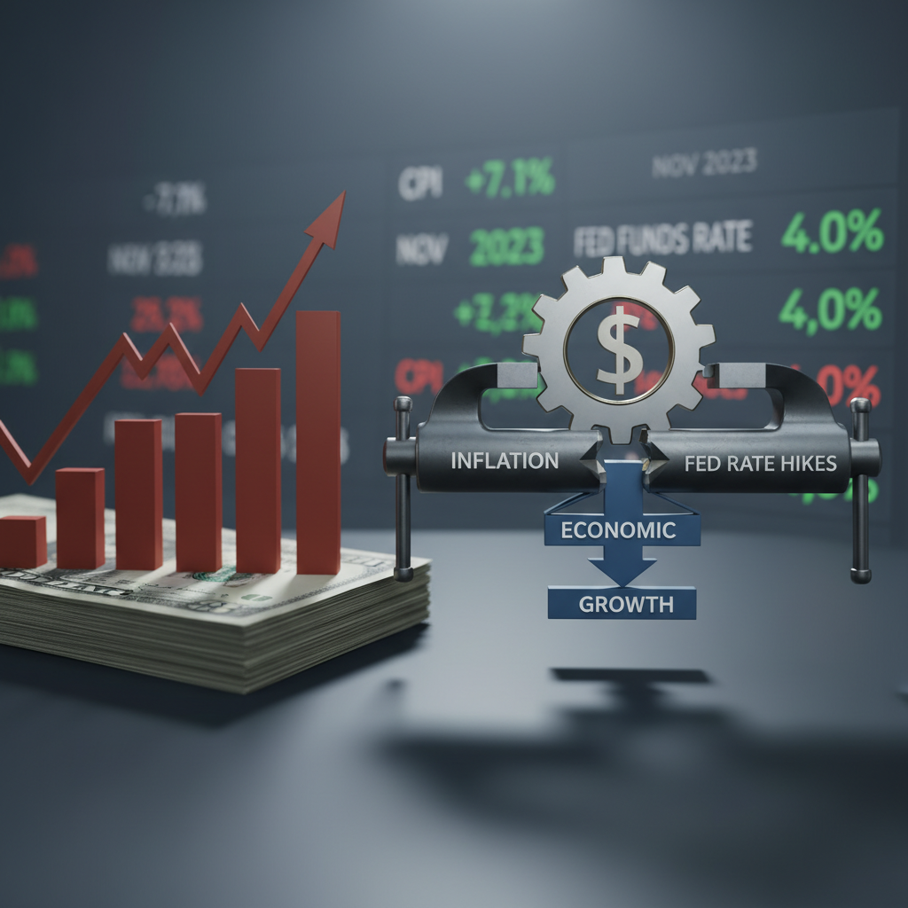 A visual metaphor showing inflation and interest rates squeezing economic growth, with financial data in the background.