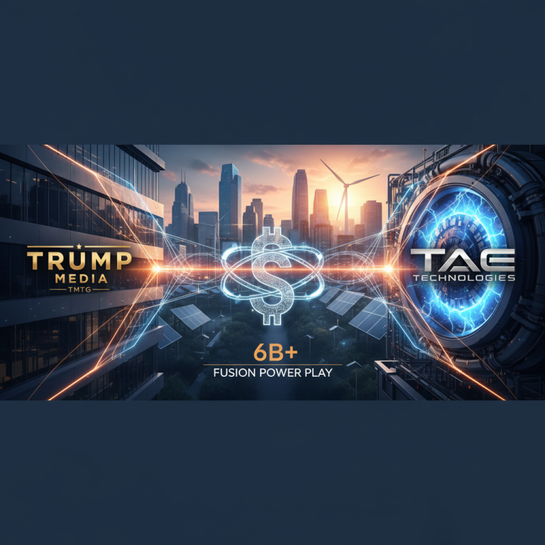 A professional visual representing the merger of Trump Media and TAE Technologies, showcasing a fusion of finance and energy.