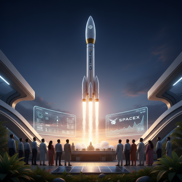 An EtherealX rocket, emblazoned with its logo, launching from a futuristic Indian spaceport with onlookers.