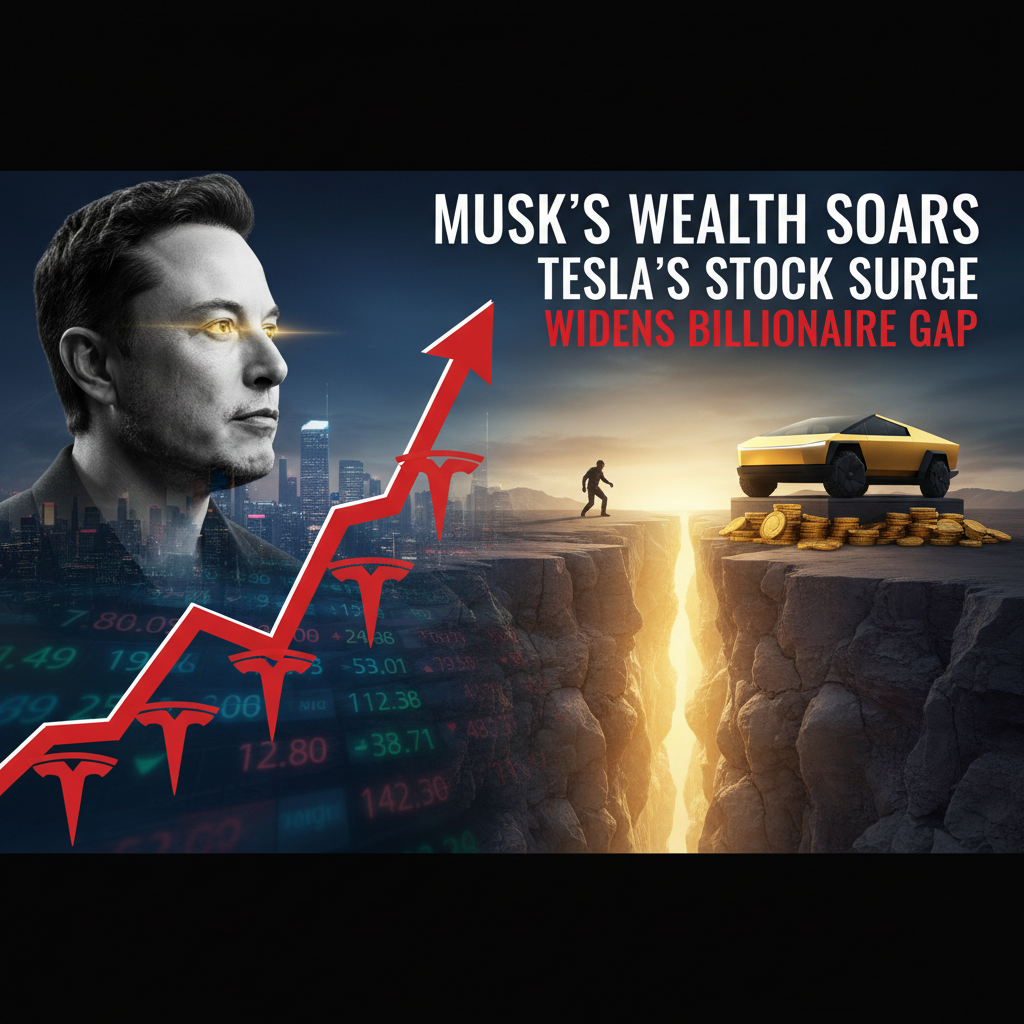 Elon Musk, a rising stock chart, and a Tesla Cybertruck on a cliff with gold coins.