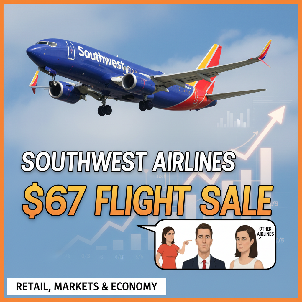 Southwest Airlines plane with "Southwest Airlines $67 Flight Sale" text and a meme below it.