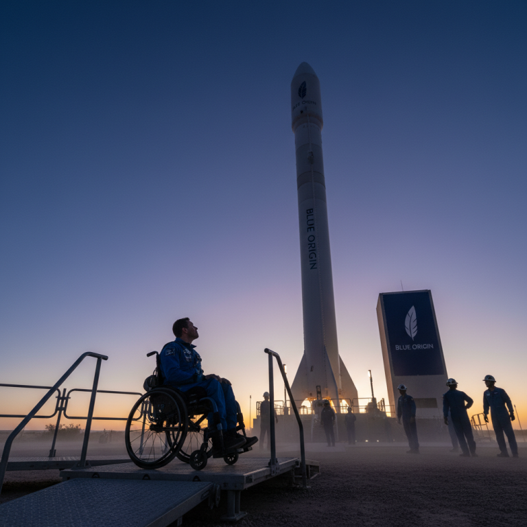 A person in a wheelchair on an accessible ramp looks up at the Blue Origin New Shepard rocket on the launchpad at sunrise.