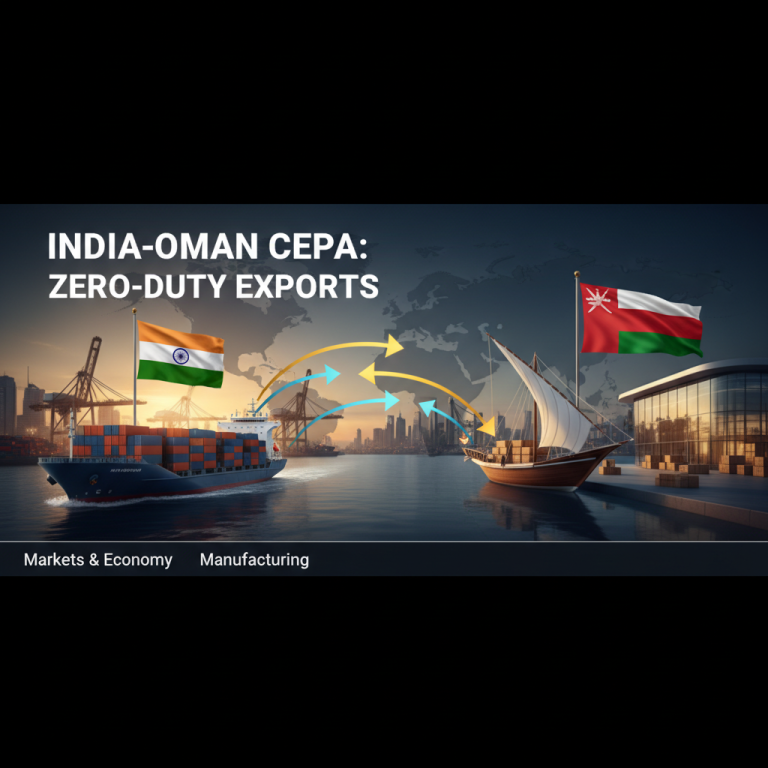 A cargo ship with the Indian flag and a traditional Omani dhow with the Omani flag, symbolizing trade.