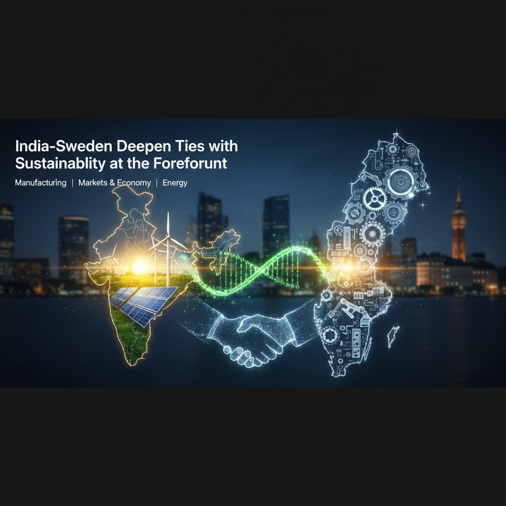 Digital map outlines of India and Sweden shaking hands, symbolizing collaboration. India features solar panels and wind turbines.