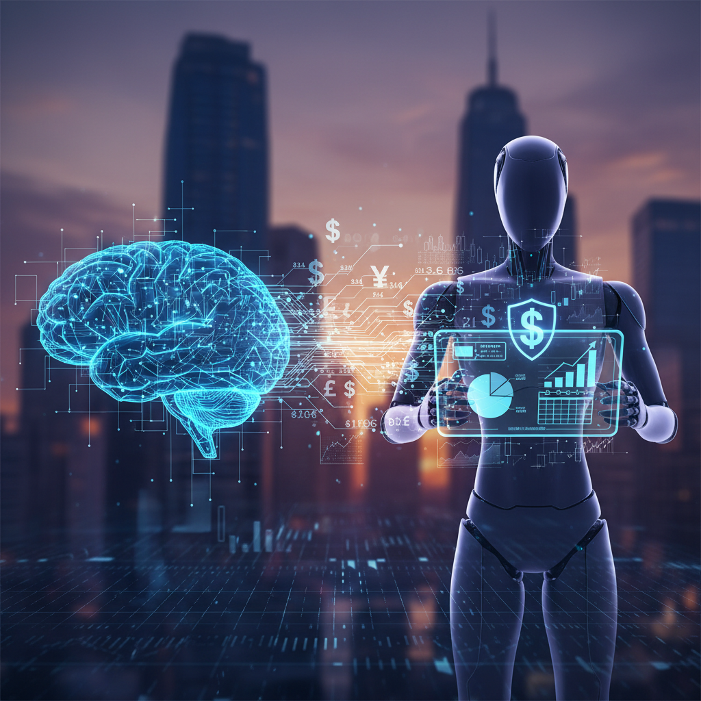 A humanoid AI robot analyzing financial charts and data on a transparent screen with a glowing brain graphic.