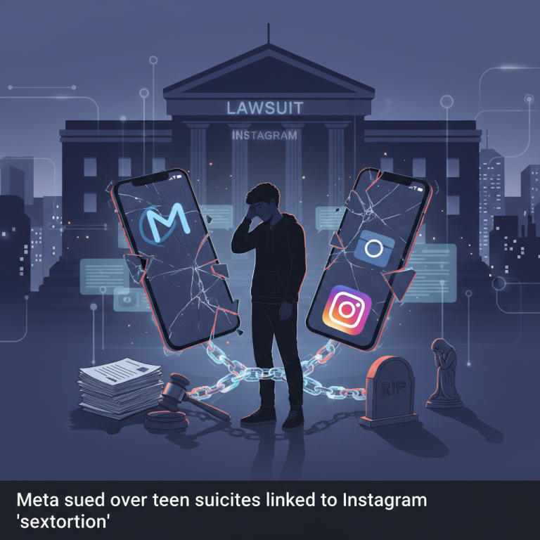 Illustration of Meta lawsuit over teen suicides linked to Instagram 'sextortion', featuring broken phones and court.