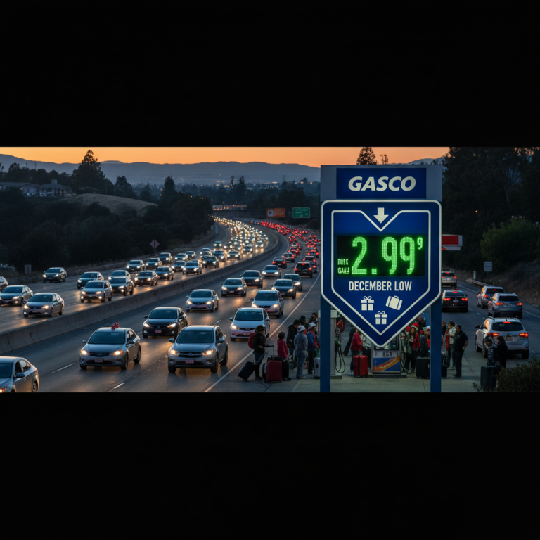 A gas station sign showing low prices with heavy highway traffic in the background during sunset.