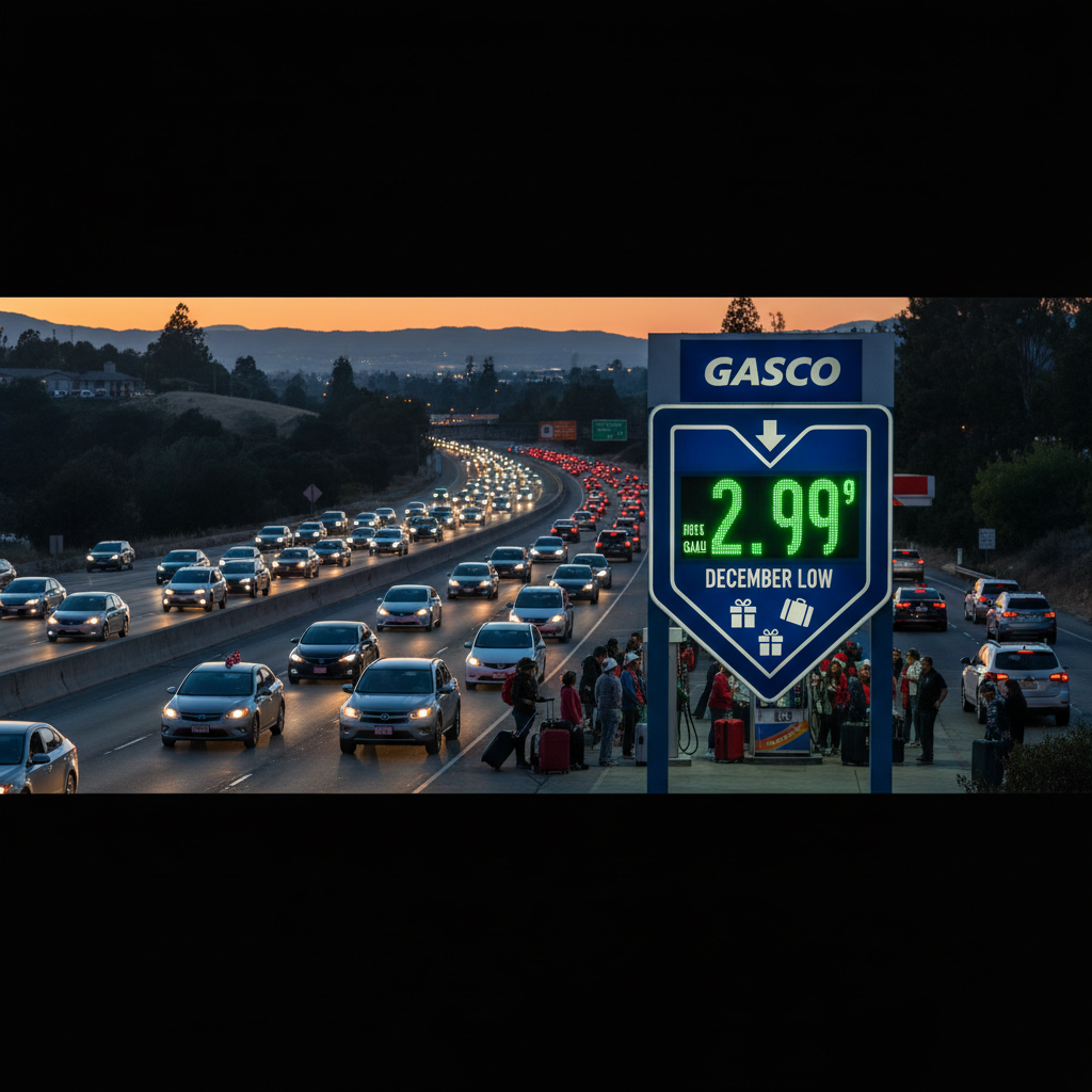 A gas station sign showing low prices with heavy highway traffic in the background during sunset.