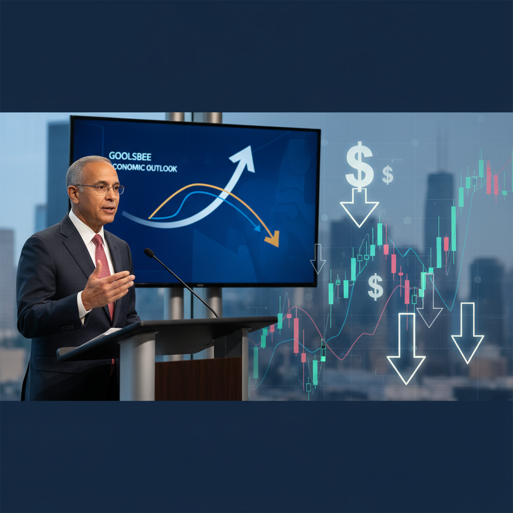 Charles L. Evans, a man in a suit speaking at a podium, with economic charts and downward-pointing dollar signs overlaid.