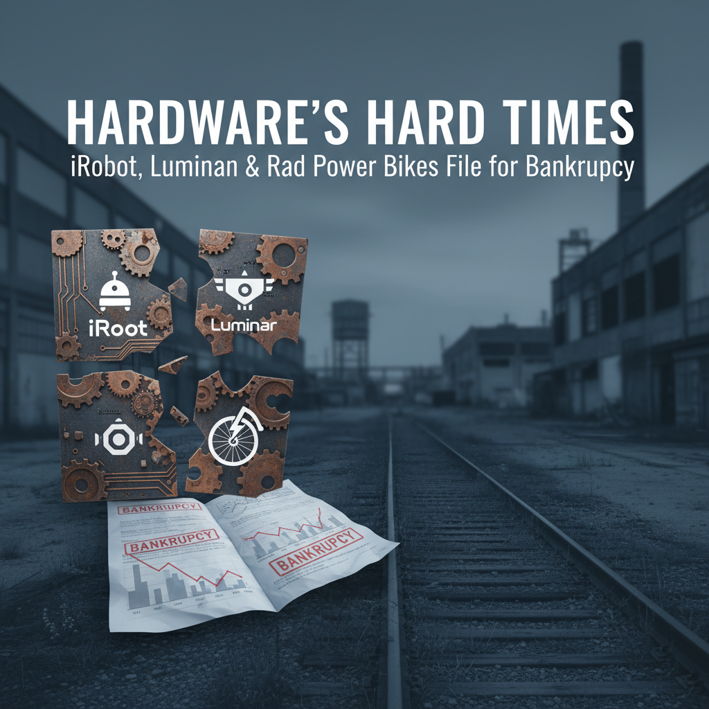 A professional image representing the bankruptcy of hardware companies, featuring rusted, broken gears and bankruptcy documents.