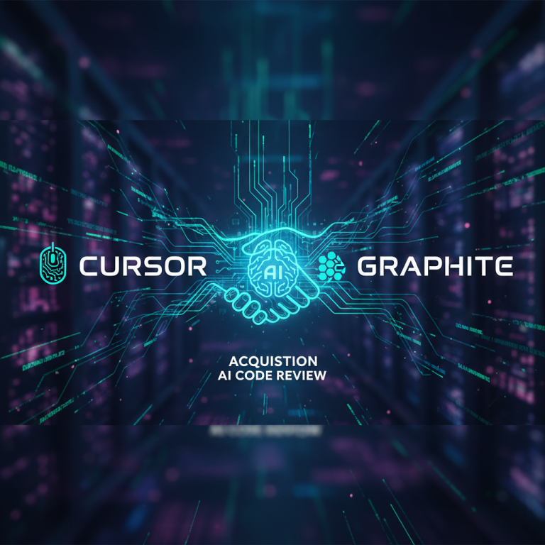 AI code review acquisition with Cursor and Graphite logos shaking hands, digital background.