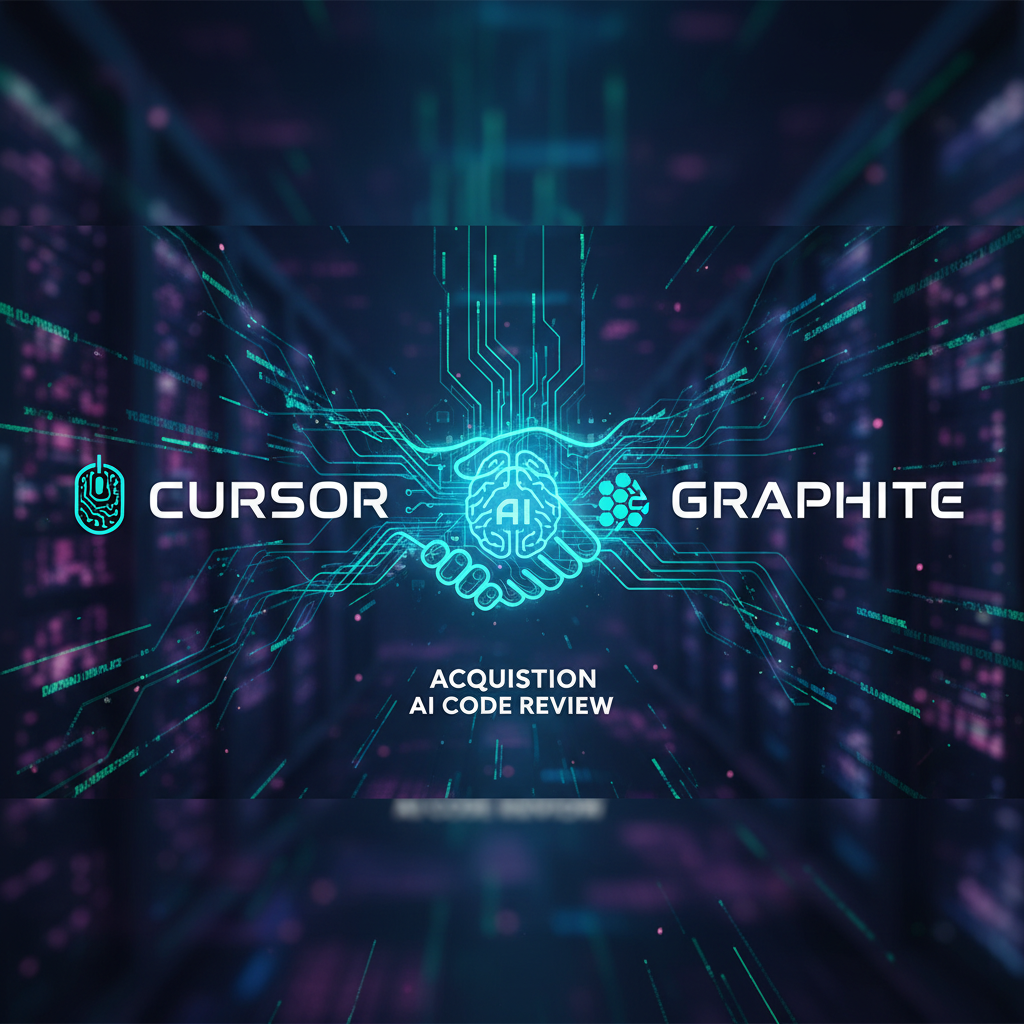 AI code review acquisition with Cursor and Graphite logos shaking hands, digital background.