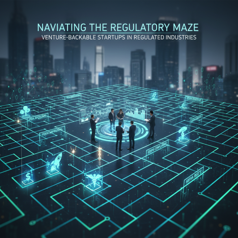 Business professionals in a neon digital maze, symbolizing regulatory challenges for startups.