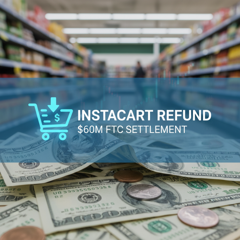 A shopping cart icon with money and text 'Instacart Refund $60M FTC Settlement' over a background of a grocery store aisle.