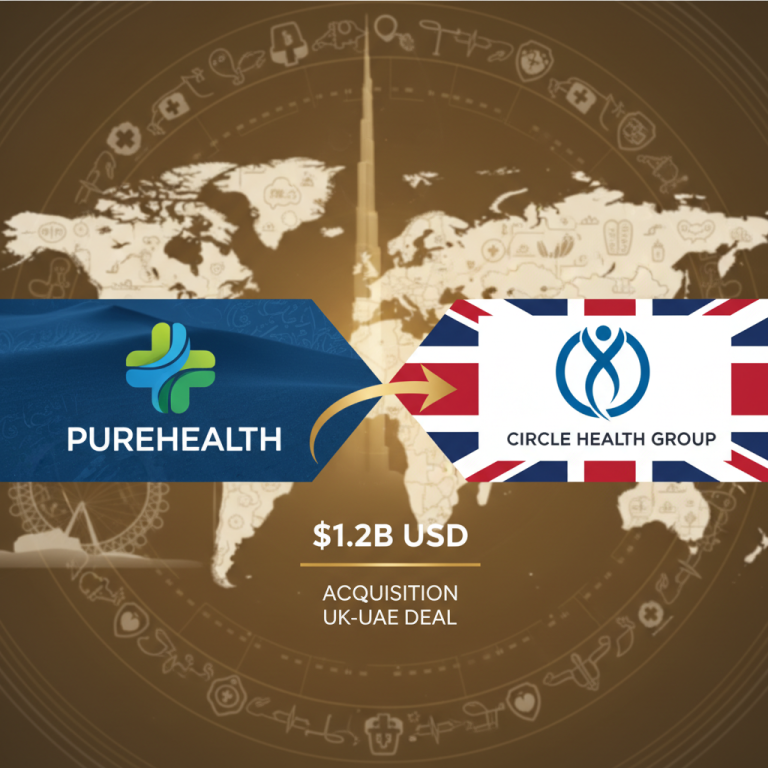 PureHealth and Circle Health Group logos merging, symbolizing their $1.2B acquisition against a global map.