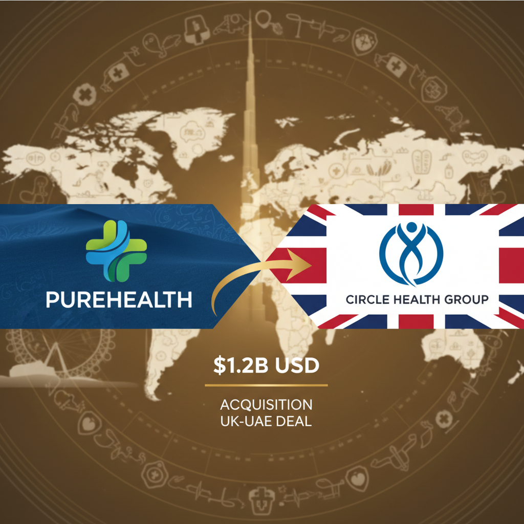 PureHealth and Circle Health Group logos merging, symbolizing their $1.2B acquisition against a global map.