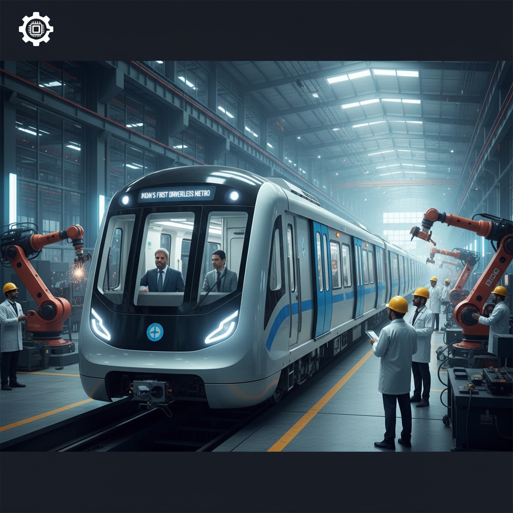 A modern driverless metro train in a factory, surrounded by engineers and robotic arms.
