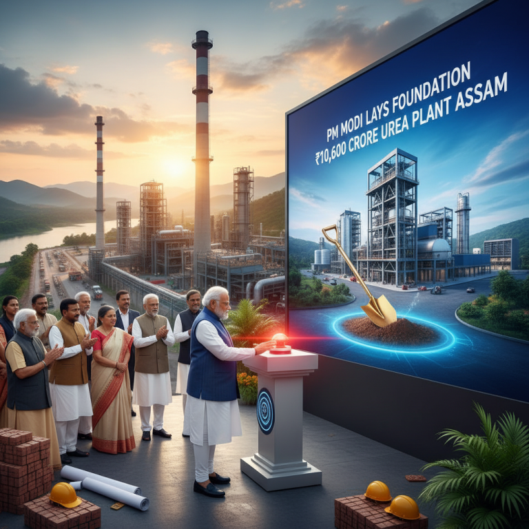 PM Modi pressing a button at a podium, with a large screen displaying the plant and "PM Modi lays foundation for ₹10,600 Crore Urea Plant Assam" text.