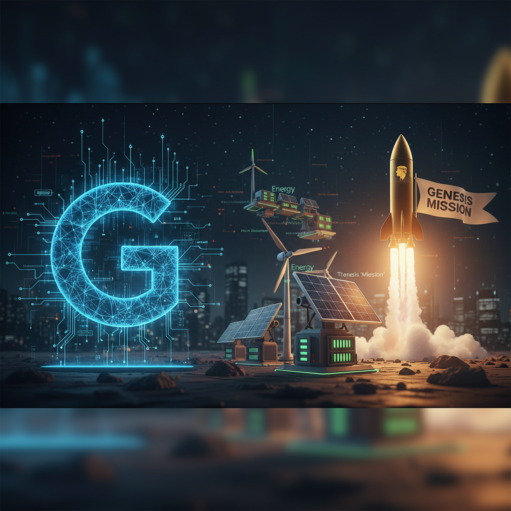 A high-tech 'G' for Google with circuits, sustainable energy sources, and a rocket labeled "Genesis Mission."