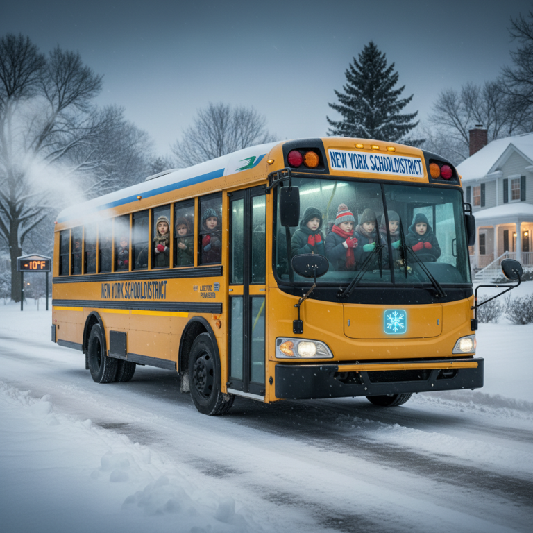 An electric school bus driving on a snowy road with visible breath from cold children inside, an ice flake on the front.