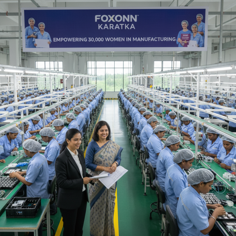 Two professional women stand in a Foxconn factory with many women workers on assembly lines.