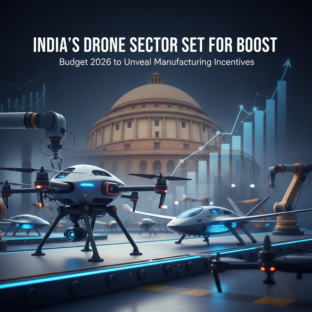 A professional image showing drones and robotic arms on an assembly line with India's Parliament building and growth charts in the background.
