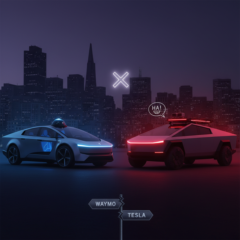 A Waymo robotaxi and a Tesla vehicle face off against a San Francisco skyline at night, symbolizing a tech rivalry.