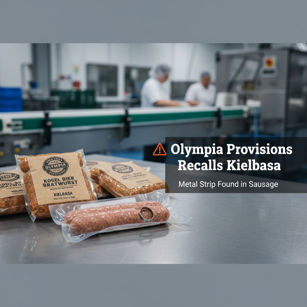 Packaged Olympia Provisions kielbasa with a metal ring, factory in the background.