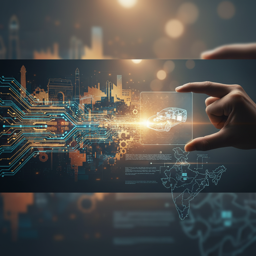 A hand holds a transparent screen with a holographic car diagram, integrated with circuits and an Indian cityscape background.