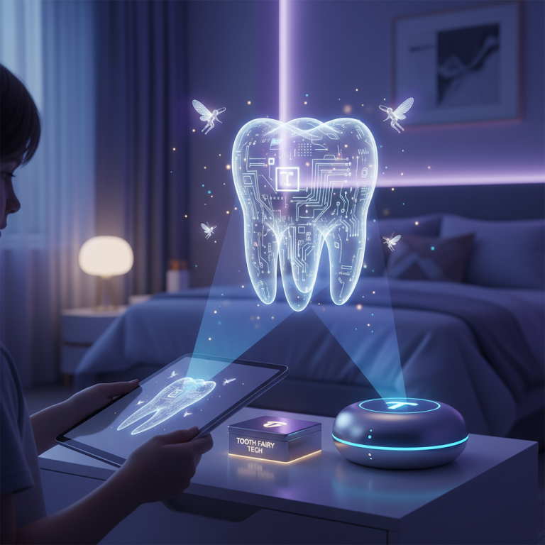 A child uses a tablet in a dimly lit, modern bedroom, projecting a holographic tooth with integrated circuits.