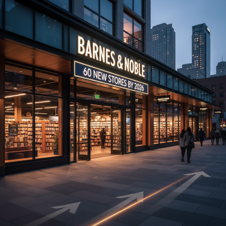 A modern Barnes & Noble storefront at dusk, with "60 New Stores by 2026" on the sign, and glowing upward arrows on the pavement.