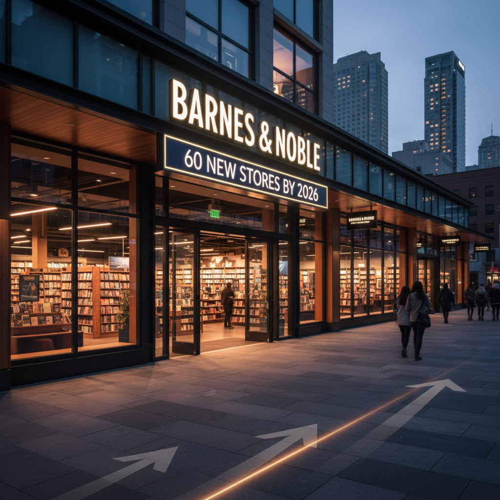 A modern Barnes & Noble storefront at dusk, with "60 New Stores by 2026" on the sign, and glowing upward arrows on the pavement.