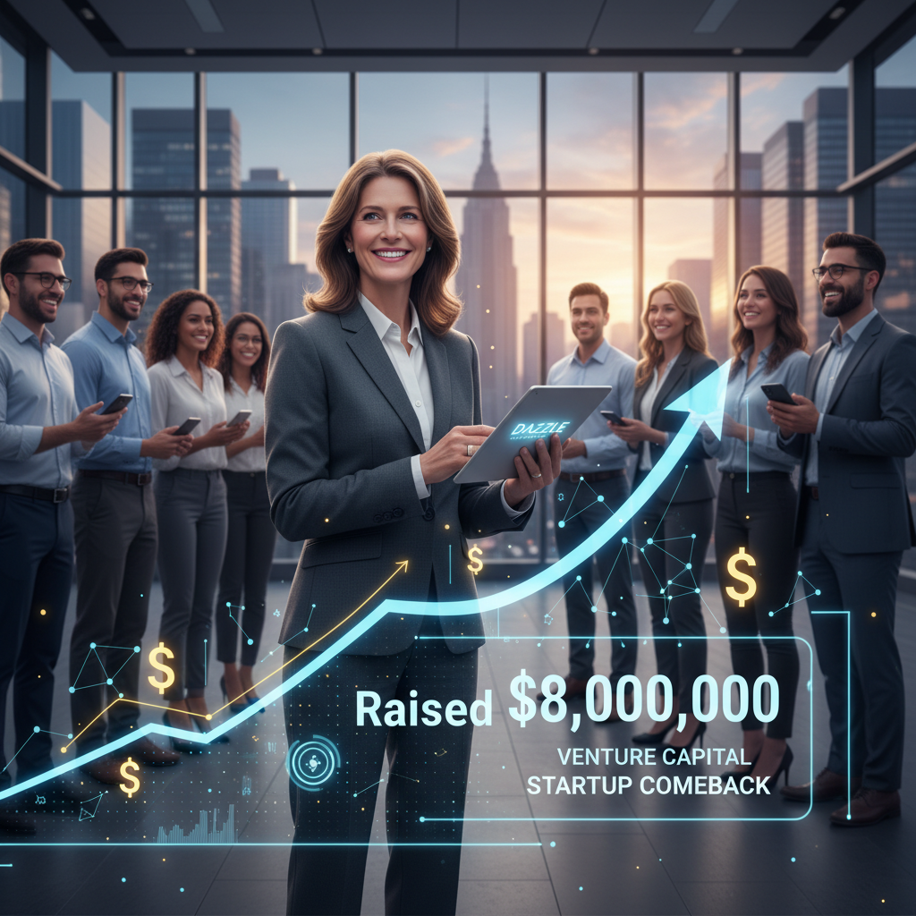 Marissa Mayer in a modern office, surrounded by a diverse team and a rising financial graph.