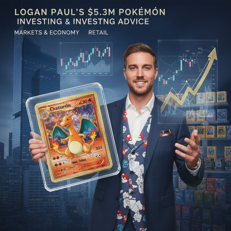 Logan Paul holding a rare Charizard Pokémon card with stock market charts and retail displays in the background.