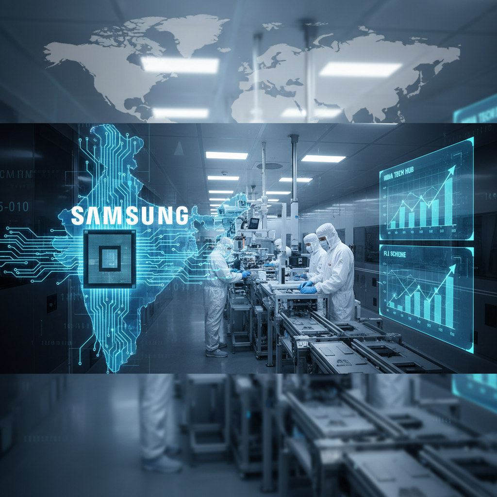 A clean room with technicians and a digital overlay of India's map, a microchip, and growth charts.