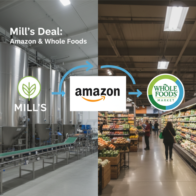 A split image showing a food waste processing plant on the left and a Whole Foods Market grocery store on the right, with logos and arrows connecting them.