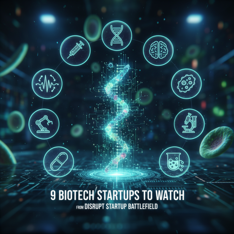 A visually striking image representing biotechnology, featuring a glowing DNA helix surrounded by scientific icons.