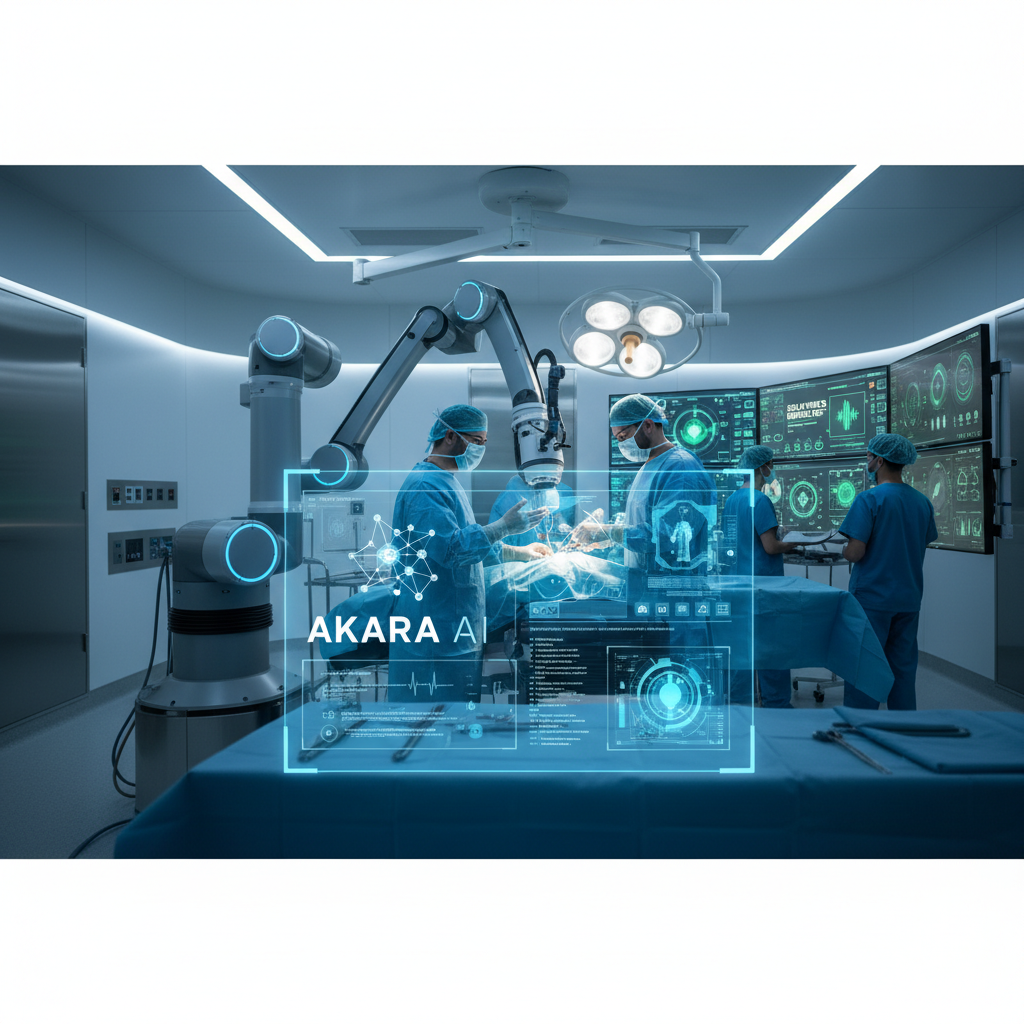 Surgeons performing an operation with an AI robotic arm and glowing data overlays.